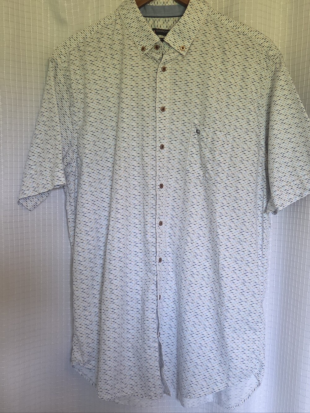 Giordano Casual Mens Shirt XL Fish Print Short Sleeve 100% Cotton Coastal Beachy